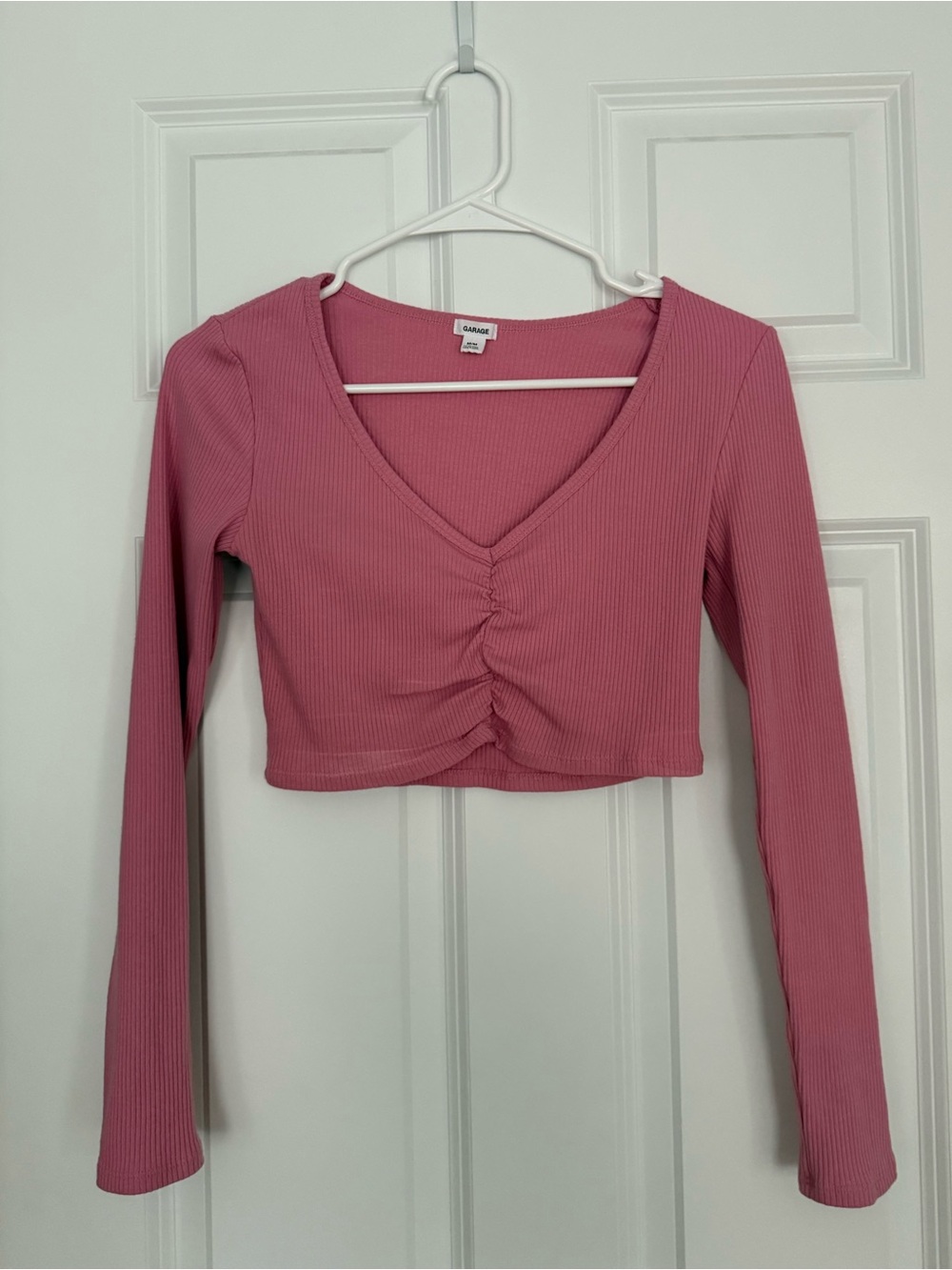 Garage Dusty Rose Ribbed V-Neck Ruched Long Sleeve Crop Top